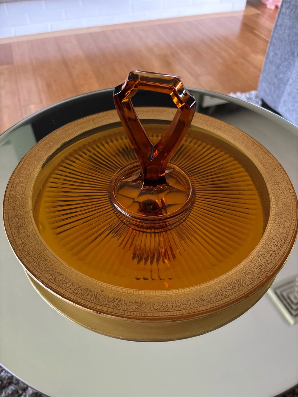 Vintage Amber Glass Tapas Dish with Decorative Handle, Gold Encrusted Trim